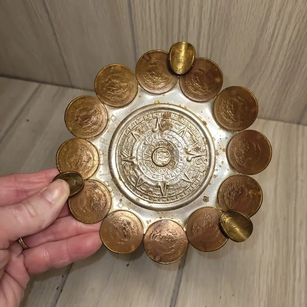 Vtg Aztec Calendar Mexican Coin Ashtray Catch All Dish Handmade MCM